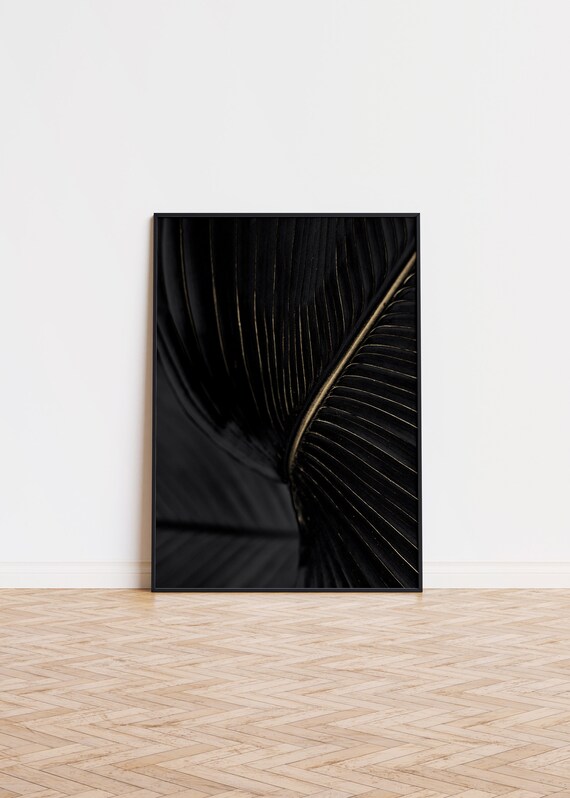 Black and Gold Palm Leaf Close Up Botanical Photography Poster