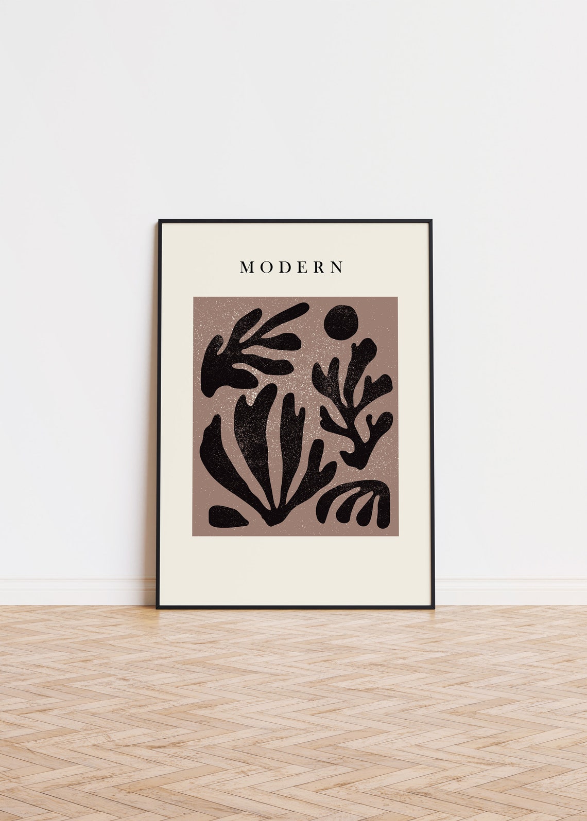 Modern Botanical Cutout Abstract Black On Warm Taupe Art Poster