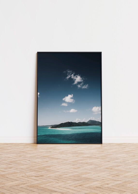 Scenic Turquoise Island Ocean White Sand Beach Cloudy Sky Poster