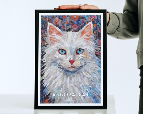 Angora Cat Blue Eyes White Mosaic Pet Portrait Wall Art for Home
