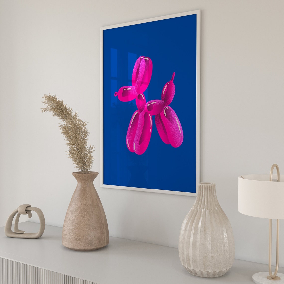 Hot Pink Balloon Dog On Royal Blue Pop Art Playful Fun Poster