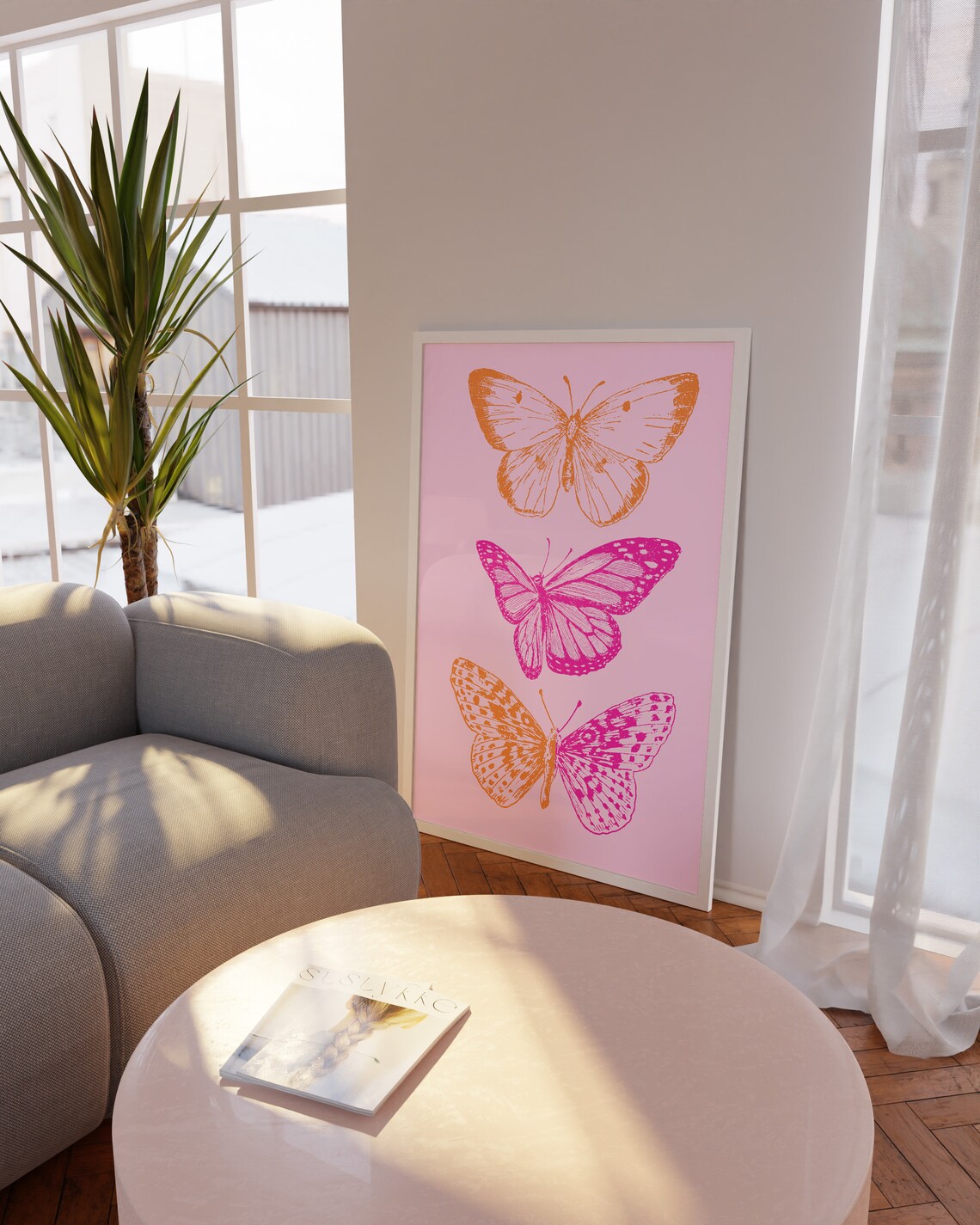 Pink Orange Butterfly Trio Vintage Style Illustration Poster - Image 2