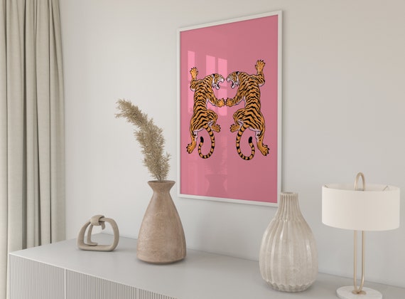 Pink Orange Tiger Print Preppy Room Decor Preppy Tiger Poster Boho Wall Art Large Poster Animal Print Trendy Wall Art
