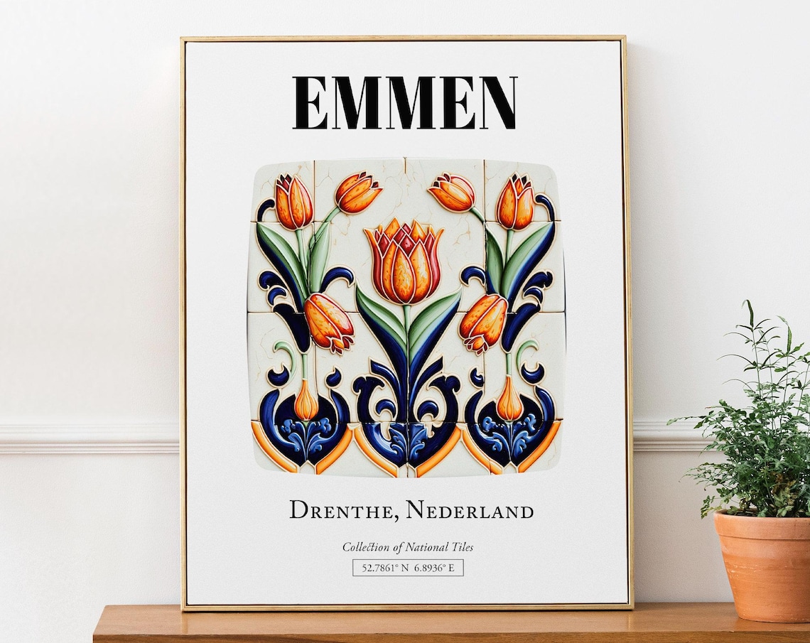 Emmen Drenthe Netherlands Folk Tile Art Print, Tulips