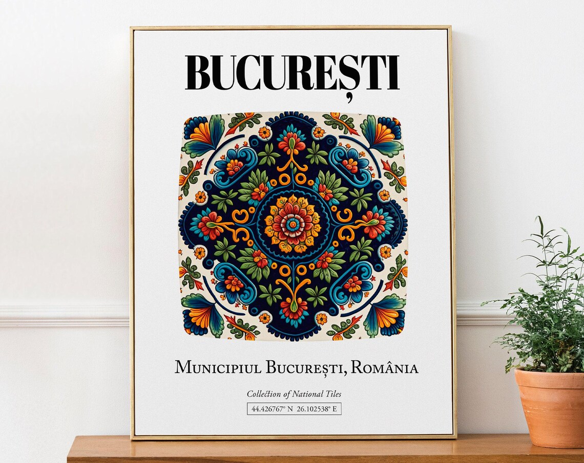 Bucharest Romania Traditional Tile Pattern Travel Poster