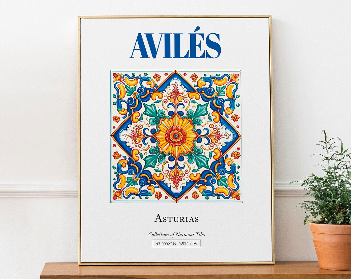 Aviles Asturias Spain Folk Tile Travel Poster