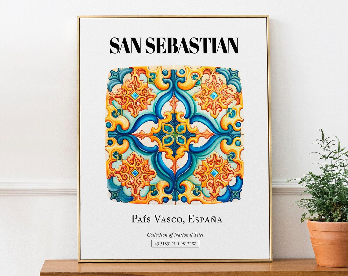 San Sebastian Elegant Tile Art Poster, Coastal Beauty