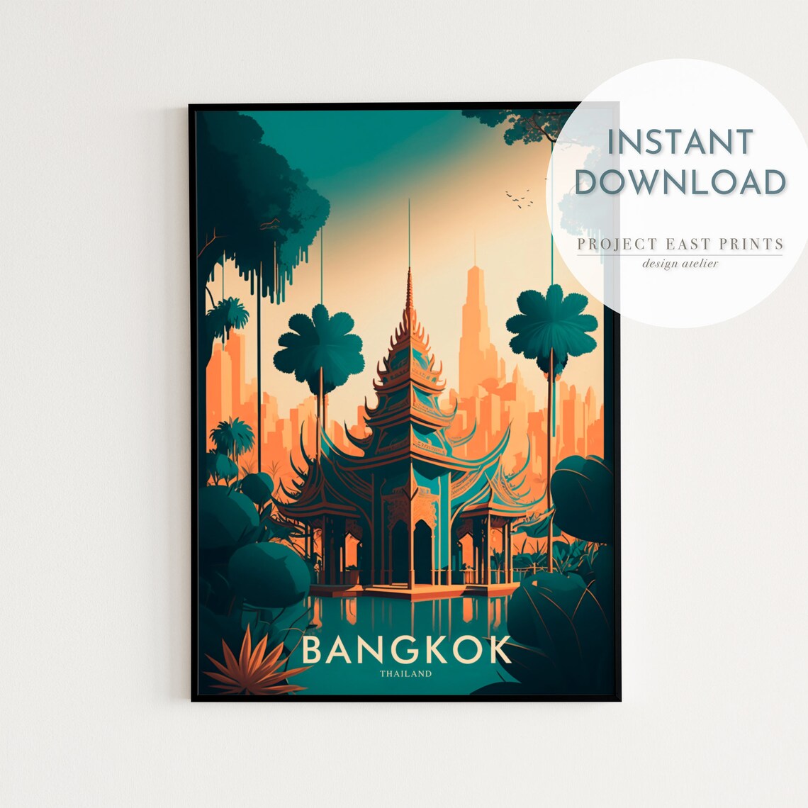 Bangkok Thailand Temple Pavilion Golden Sunset Retro Travel Poster