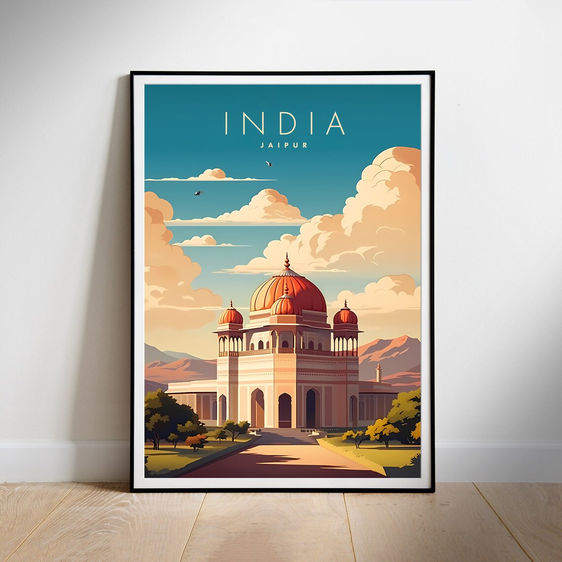 India Jaipur Palace Red Domes Desert Sunrise Retro Travel Poster