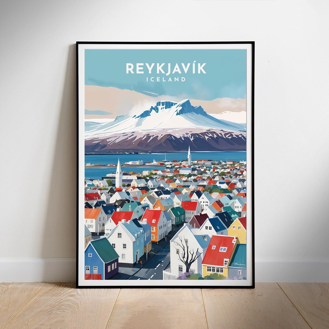 Reykjavik Iceland Colorful Houses Snow Mountain Harbor City Poster