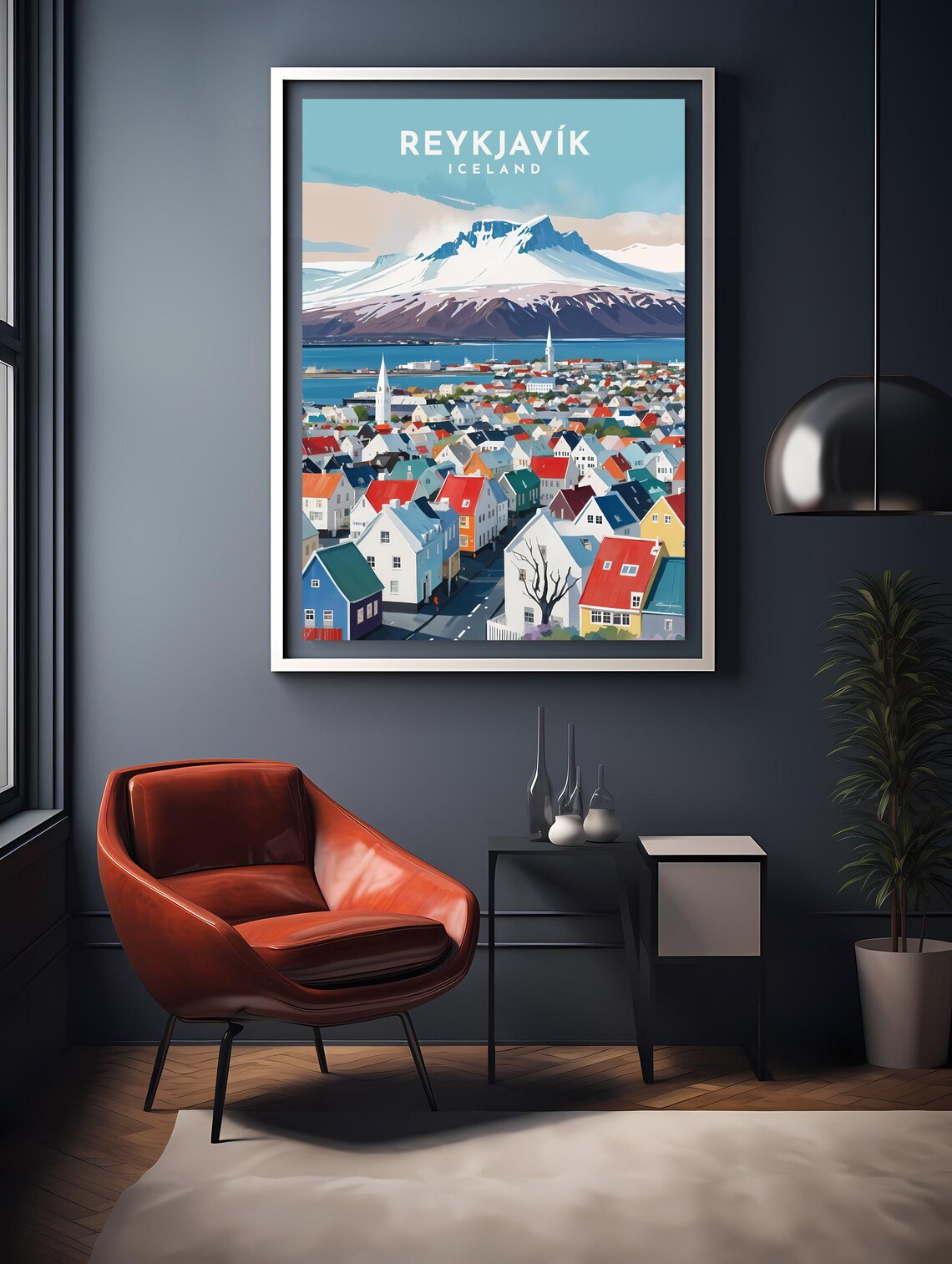 Reykjavik Iceland Colorful Houses Snow Mountain Harbor City Poster - Image 2