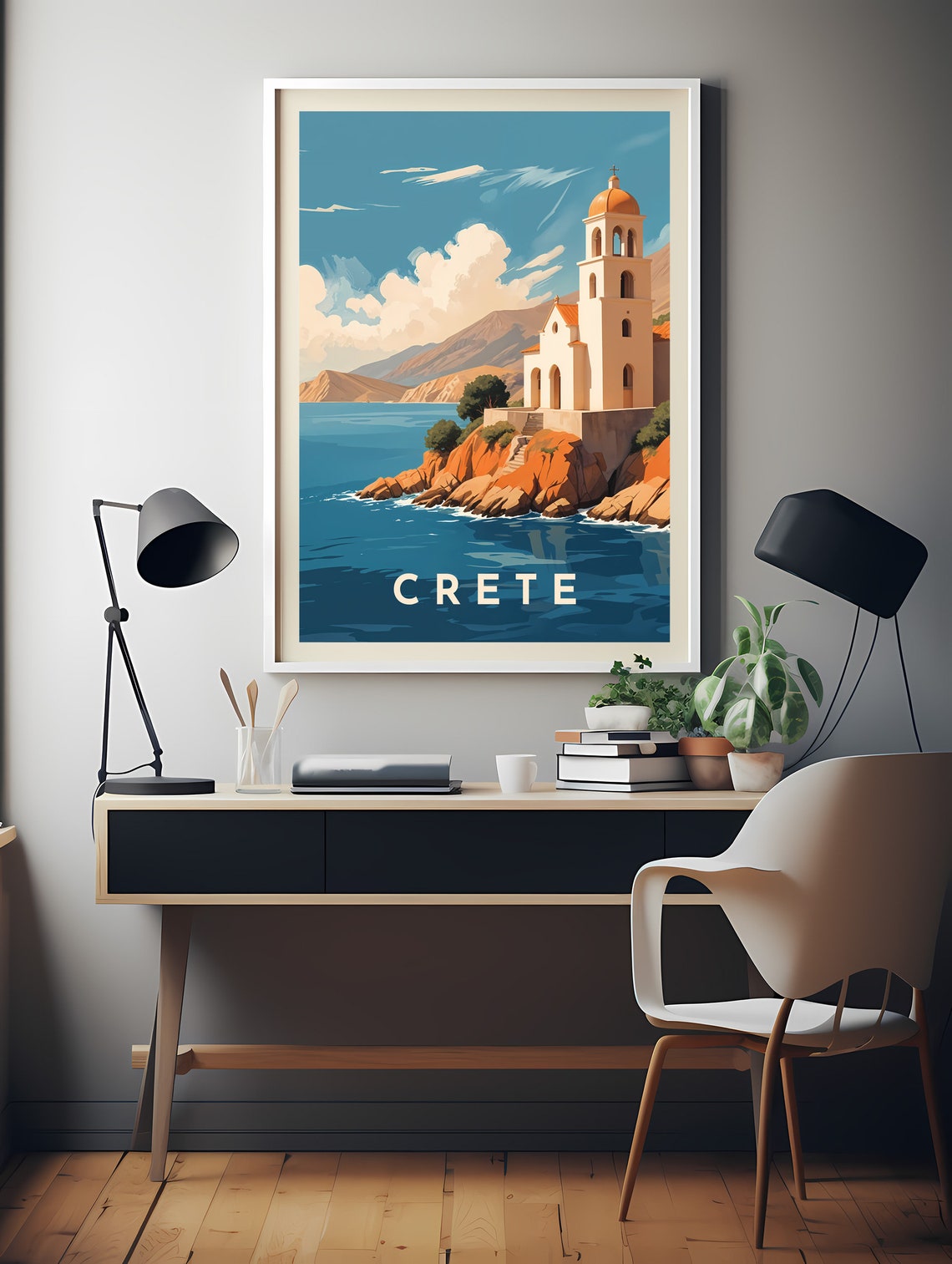 Crete Cliffside Church Aegean Sea Retro Greece Island Travel Poster - Image 2