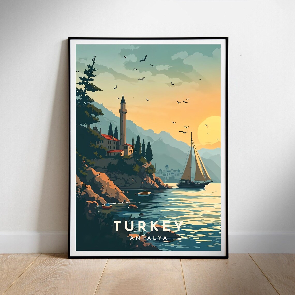 Turkey Antalya Coastal Sunset Sailboat Harbor Evening Travel Poster