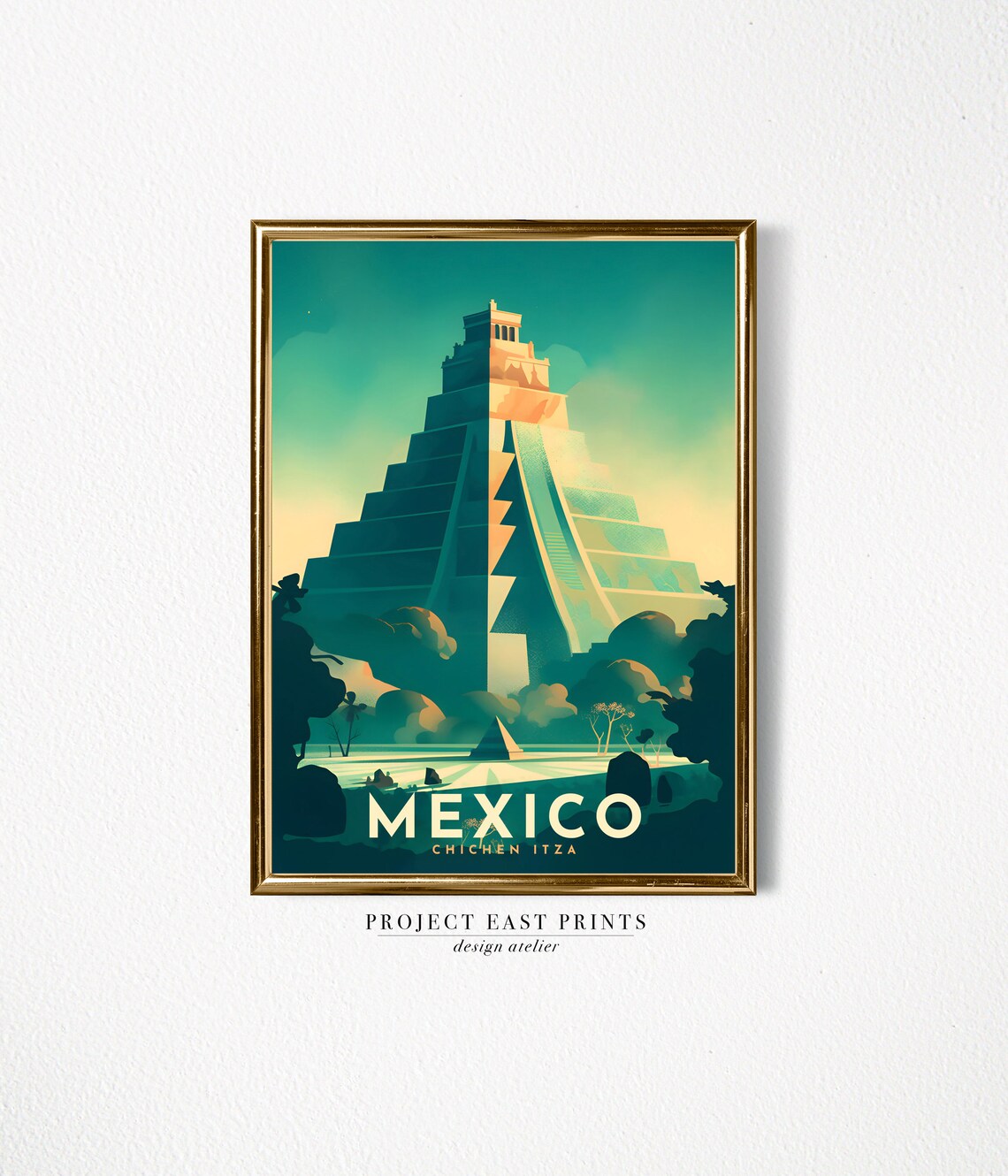 Chichen Itza Mayan Pyramid Retro Travel Poster In Mexico Sunset Teal Hues