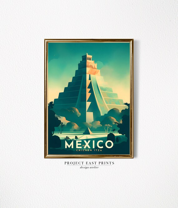 Chichen Itza Mayan Pyramid Retro Travel Poster In Mexico Sunset Teal Hues
