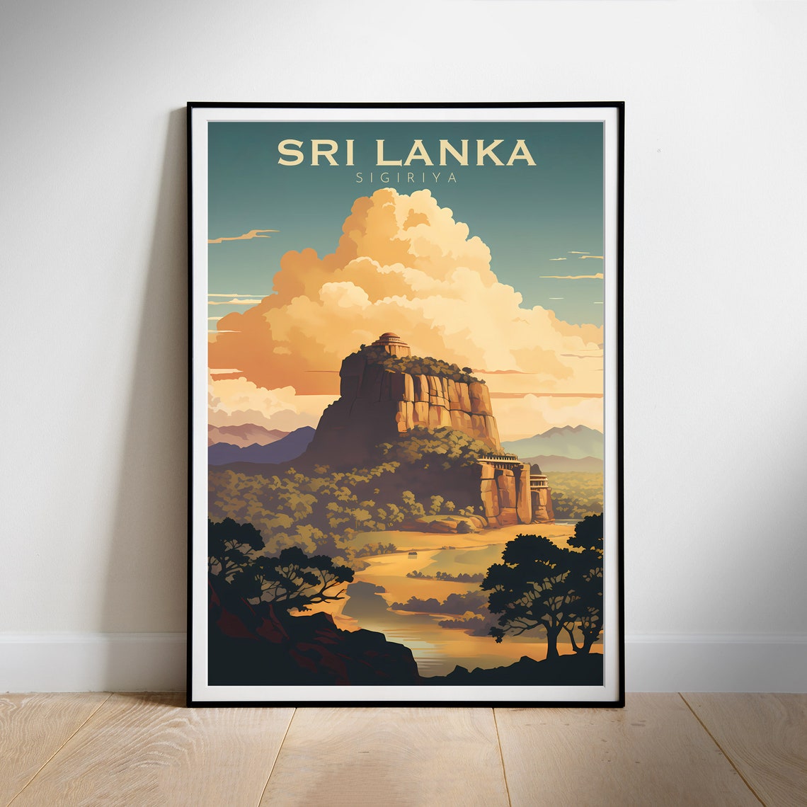 Sigiriya Sri Lanka Ancient Rock Fortress Sunset Retro Travel Poster