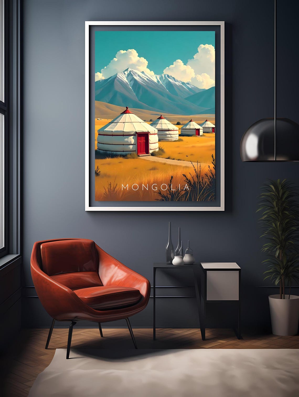 Mongolia Yurt Camp Golden Steppe Mountains Retro Travel Poster - Image 2