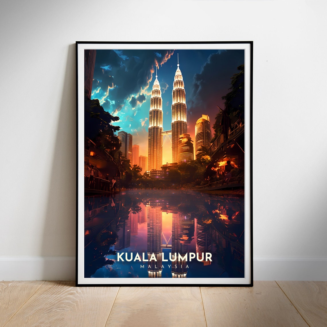 Kuala Lumpur Malaysia Twin Towers Night Reflection City Travel Poster