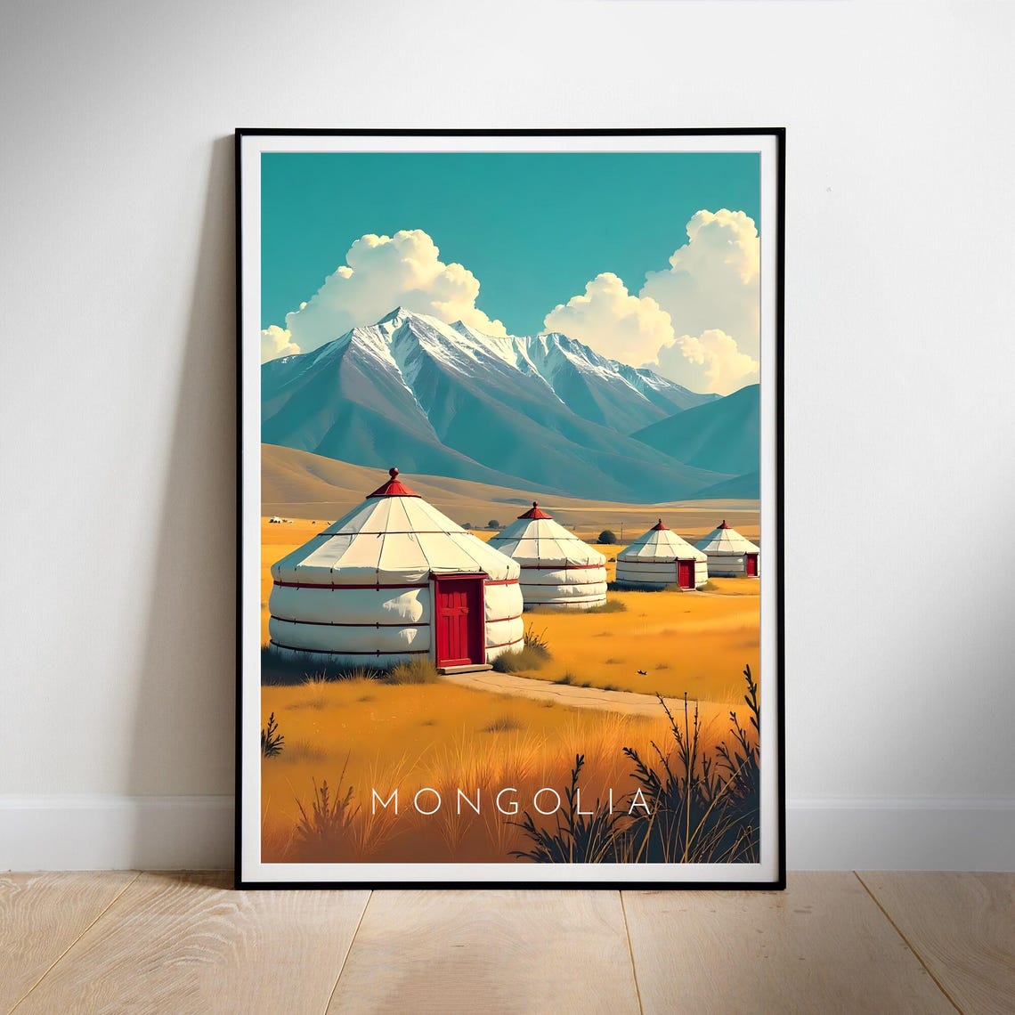 Mongolia Yurt Camp Golden Steppe Mountains Retro Travel Poster