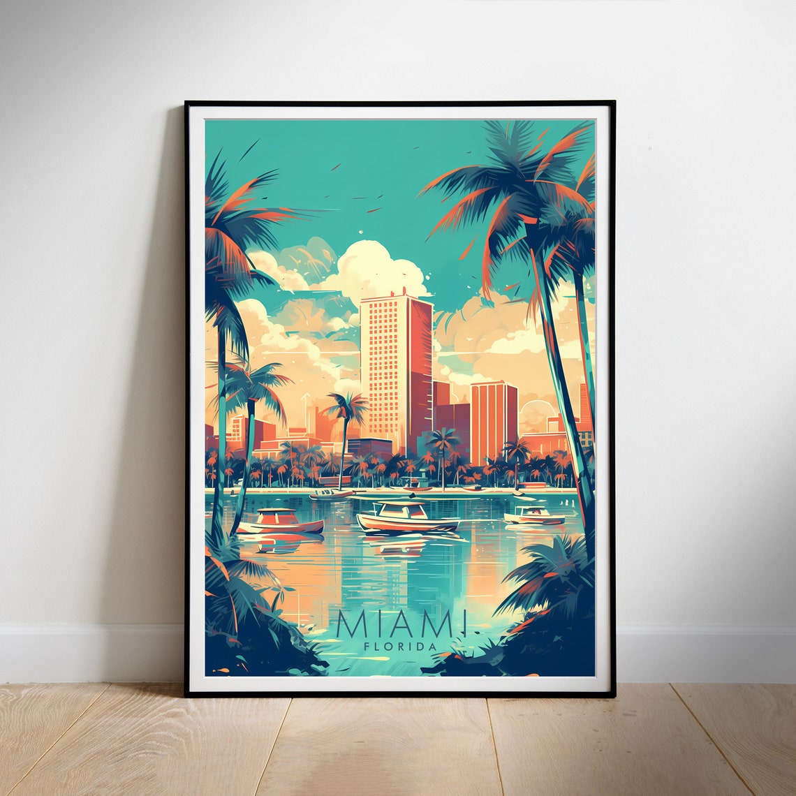 Miami Waterfront Palm Marina Downtown Skyline Tropical Travel Poster