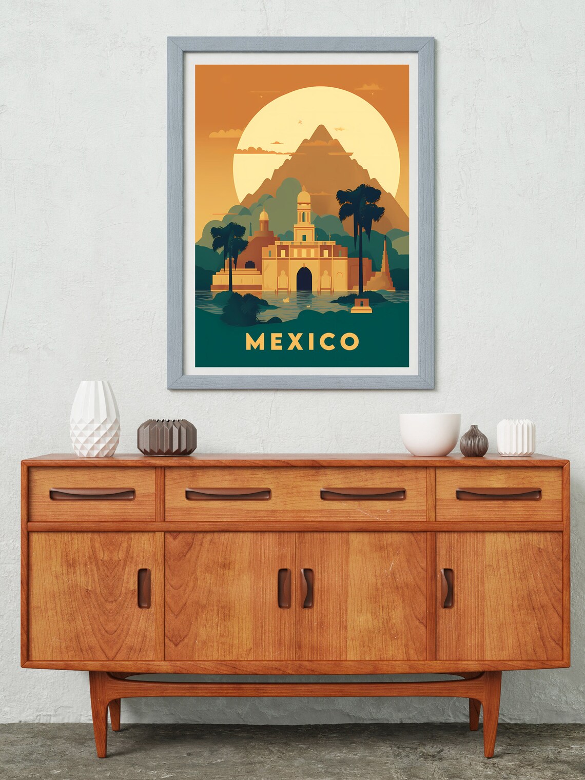 Mexico Colonial Church Volcano Lake Golden Sunset Travel Poster - Image 2