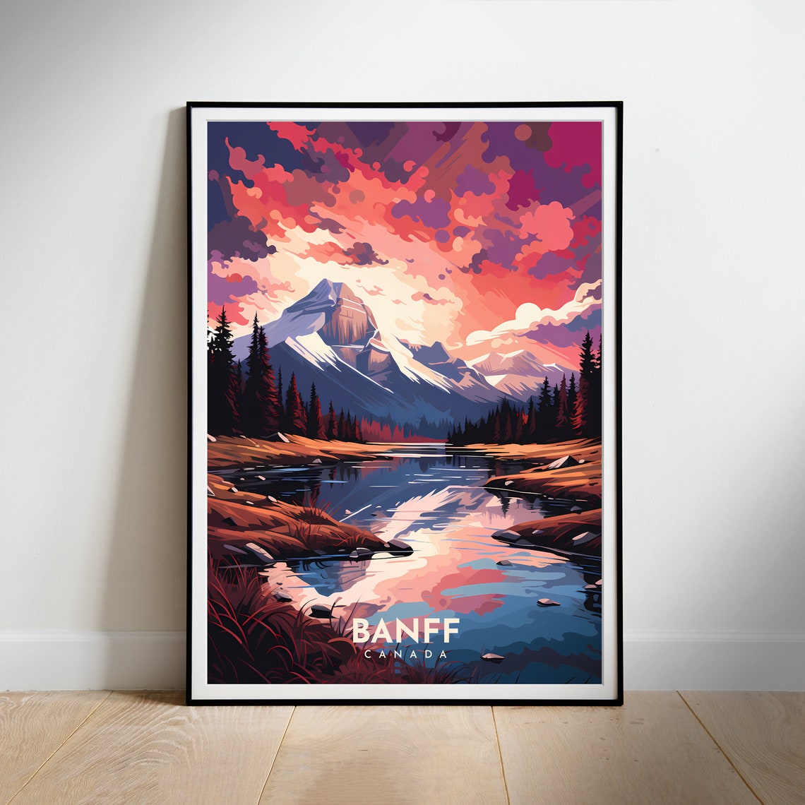 Banff Canada Alpine Lake Sunset Mountain Peaks Travel Poster