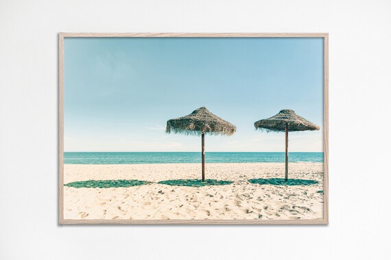 Pastel Beach Umbrellas Photo Two Straw Parasols White Sand Summer Poster