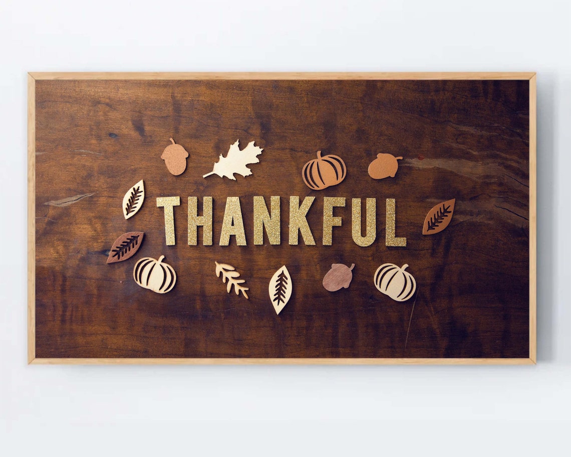 Thankful Gold Lettering on Rustic Dark Wood Fall Decor Sign Poster