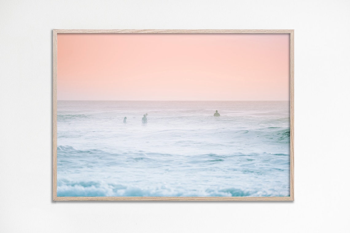 Pastel Pink Soft Sunset Ocean Surfers Misty Beach Photo Poster