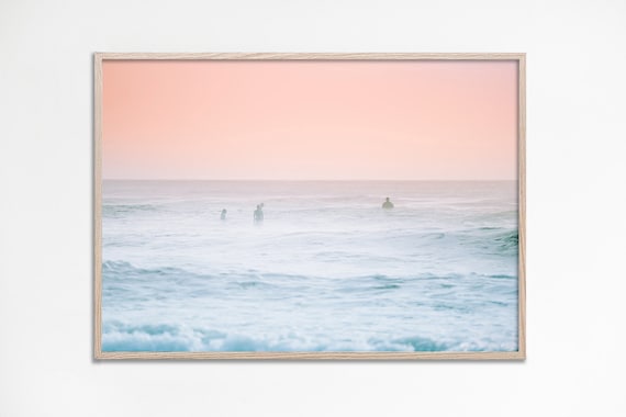 Pastel Pink Soft Sunset Ocean Surfers Misty Beach Photo Poster
