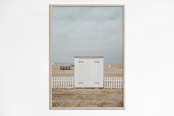 Minimalist White Beach Cabin Neutral Tones Coastal Photography Poster