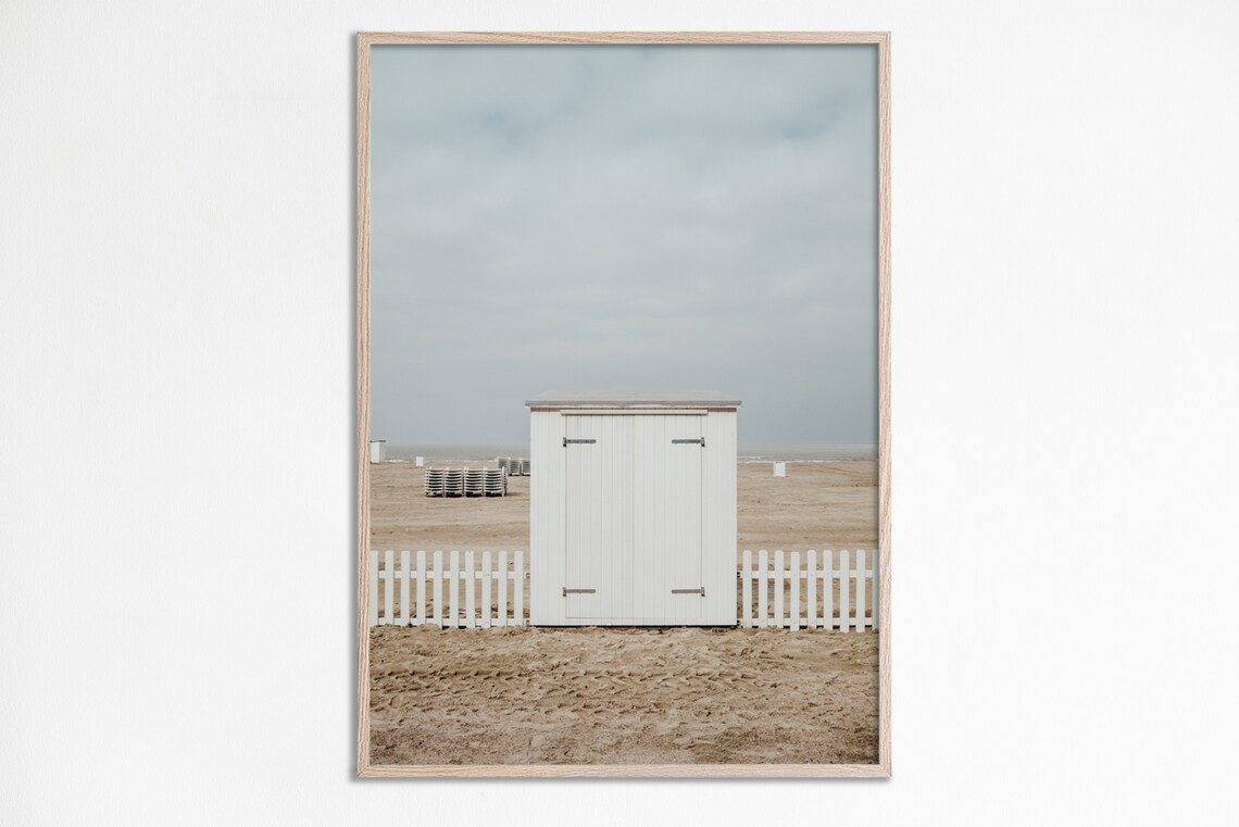 Minimalist White Beach Cabin Neutral Tones Coastal Photography Poster