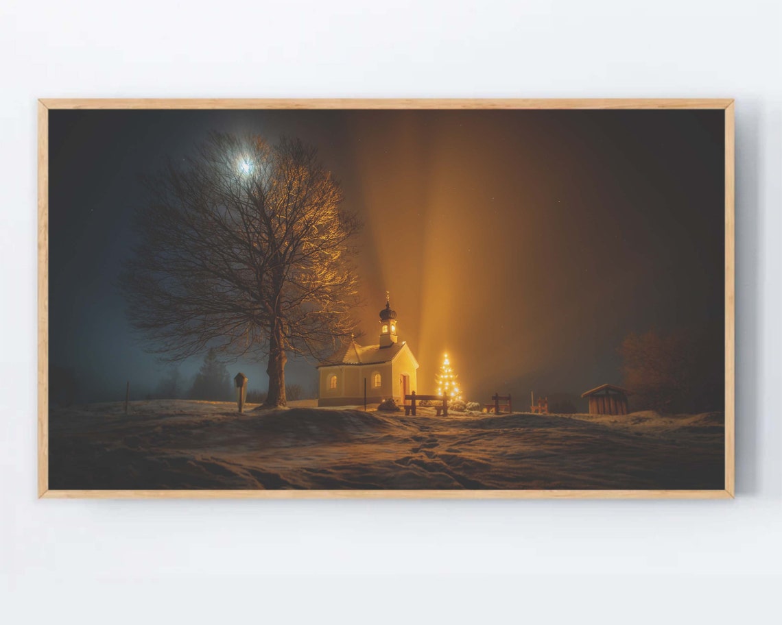 Glowing Christmas Chapel at Night Snow Golden Lights Photo Art Poster