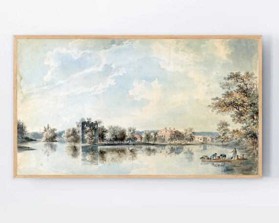 Vintage Lake Painting Poster Calm Water Houses Rowboat Antique Style