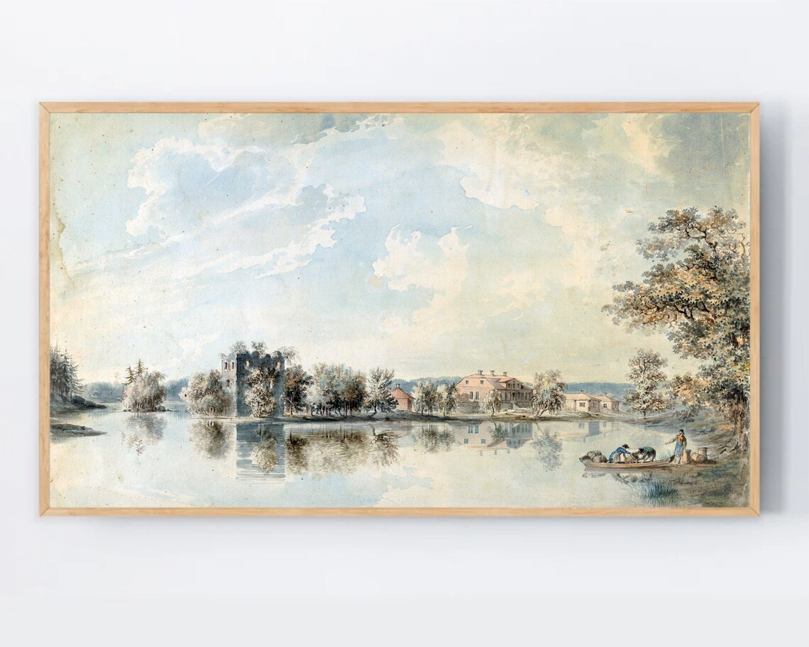 Vintage Lake Painting Poster Calm Water Houses Rowboat Antique Style