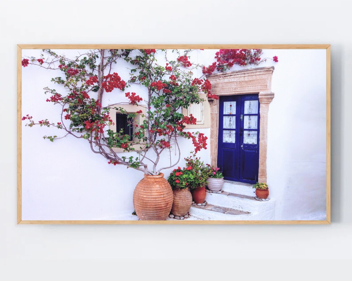 Greek Island Blue Door Bougainvillea Mediterranean Travel Poster