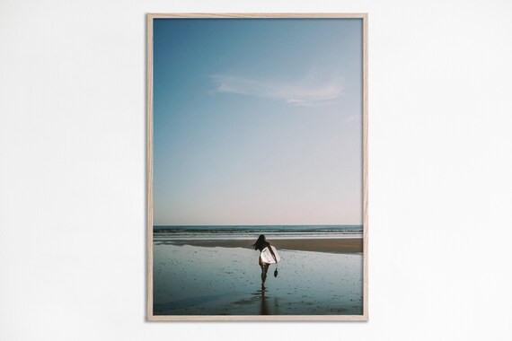 Surfer Girl Print Female Carrying Surfboard Surfers Poster Surf Wall Art Decor Photography Beach