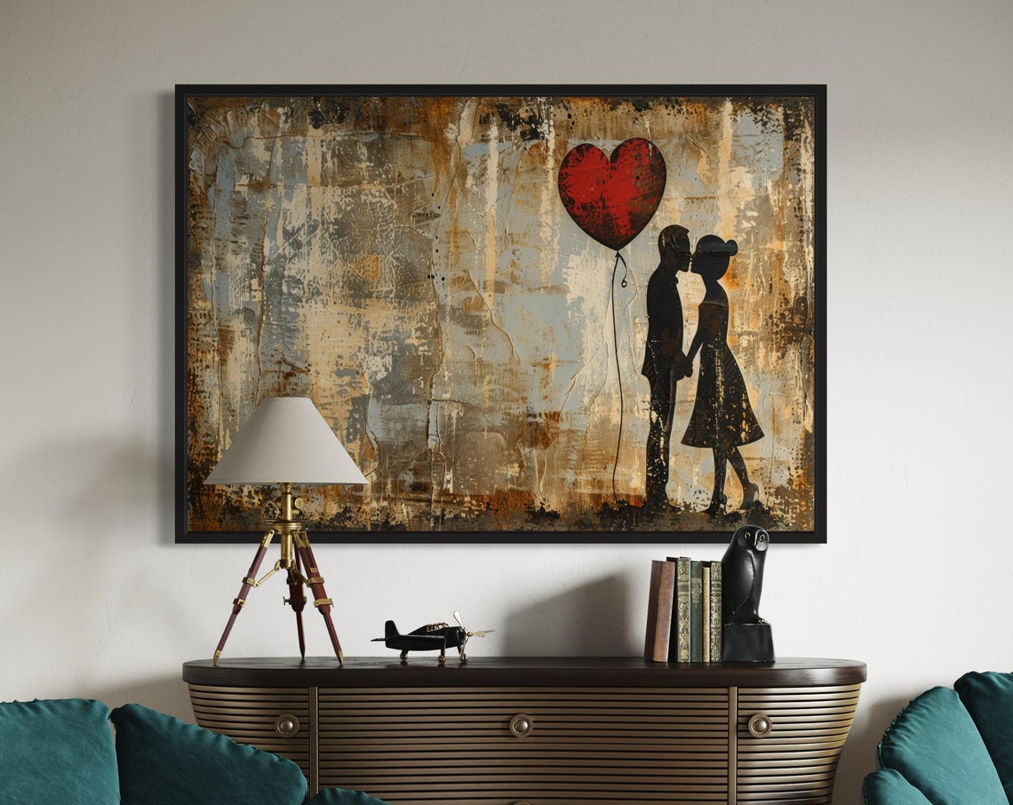 Couple Silhouette Kissing Beneath a Red Heart Balloon Poster Art