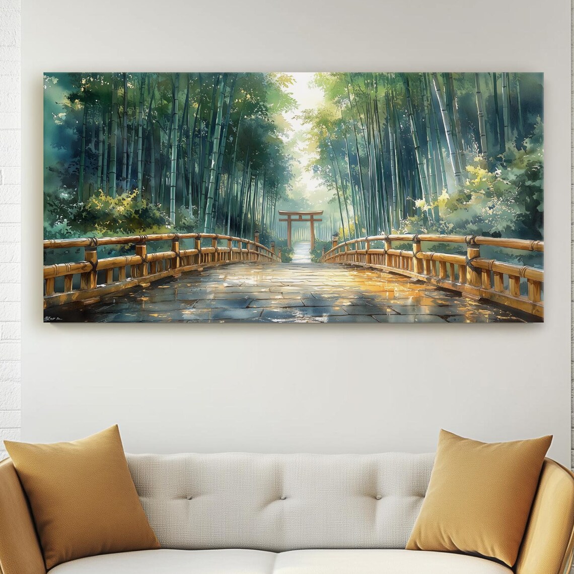 Japanese Bamboo Forest Torii Gate Stone Bridge Watercolor Poster