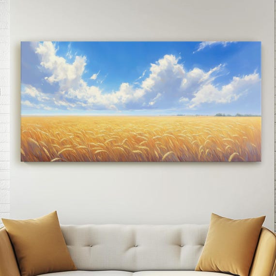 Golden Wheat Fields Under A Vast Blue Sky Oil Painting Peaceful Country Landscape Rustic Farmhouse Wall Decor Serene Framed Canvas Art