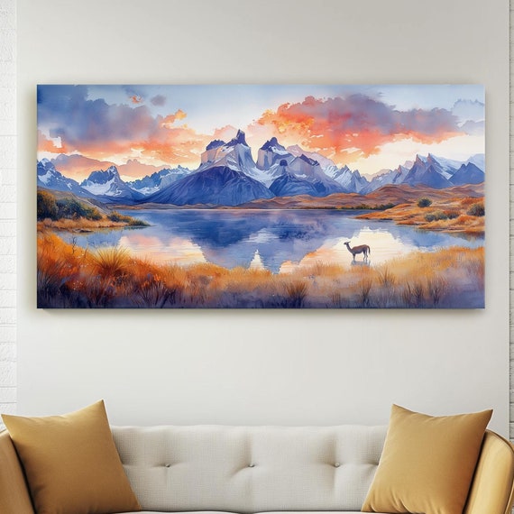 Canvas Art Print Sunrise Over Torres Del Paine Dramatic Mountain Wall Decor Glacial Lake Watercolor Landscape Fine Painting