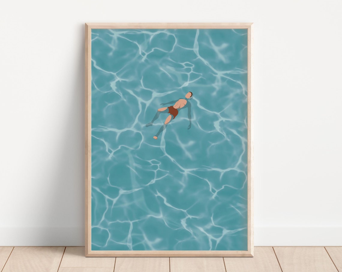 Man Drifting Alone On Sparkling Blue Pool Water Minimalist Poster