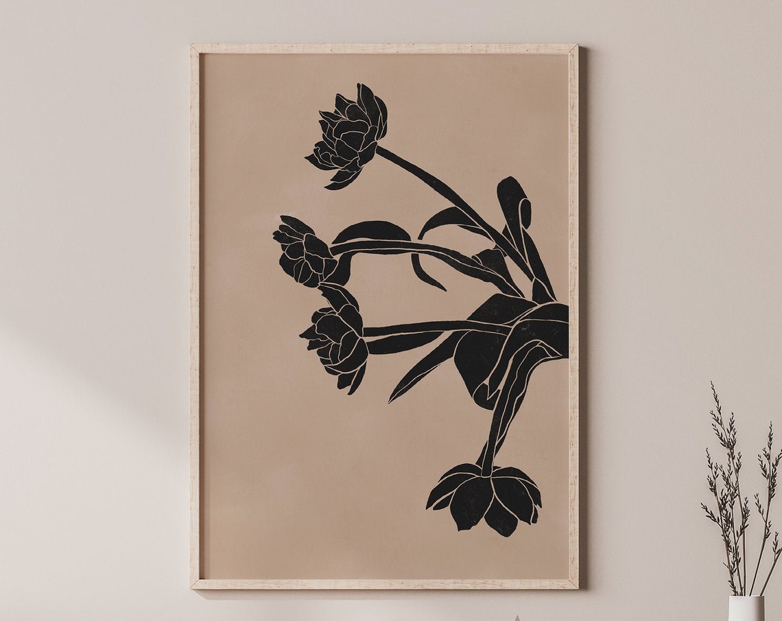 Dark Peonies on Warm Beige Minimalist Floral Silhouette Wall Art - Image 2