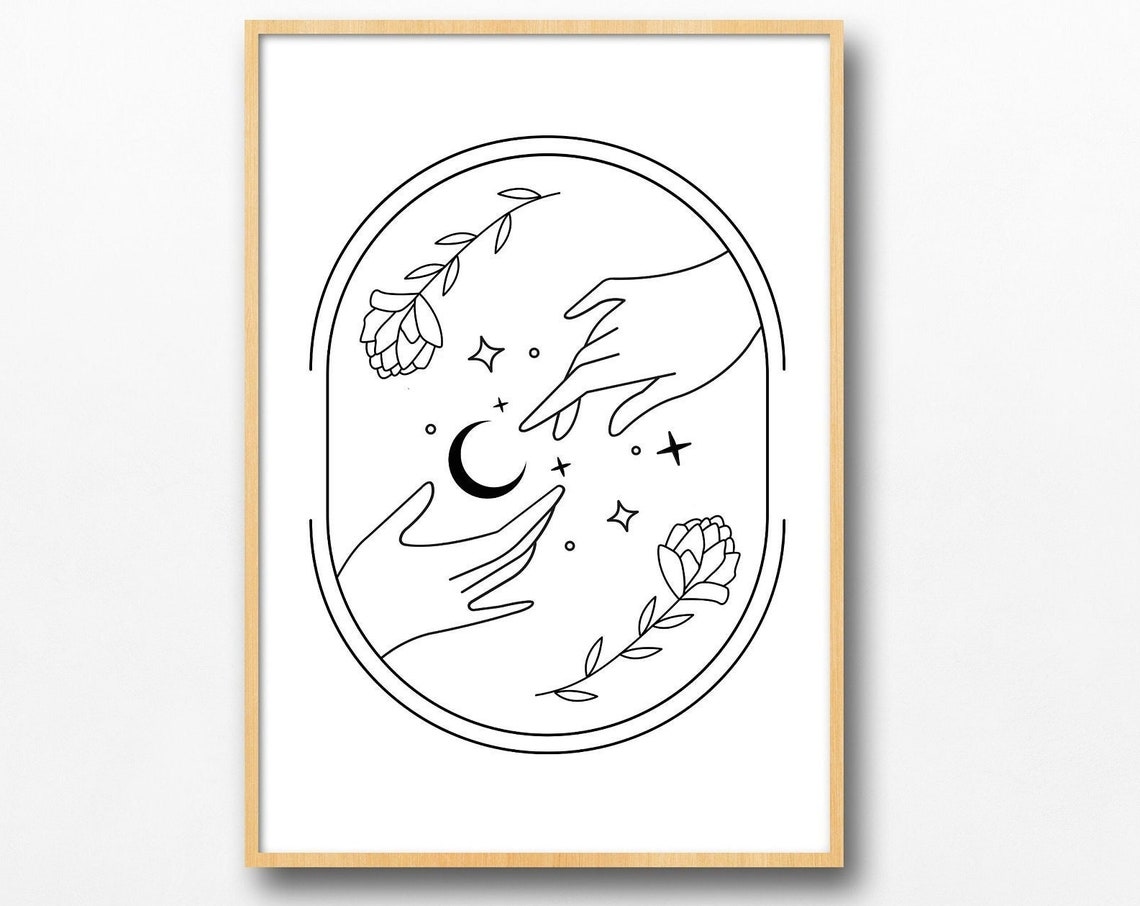 Minimalist Hands Reaching Moon Flowers Oval Frame Line Art Poster