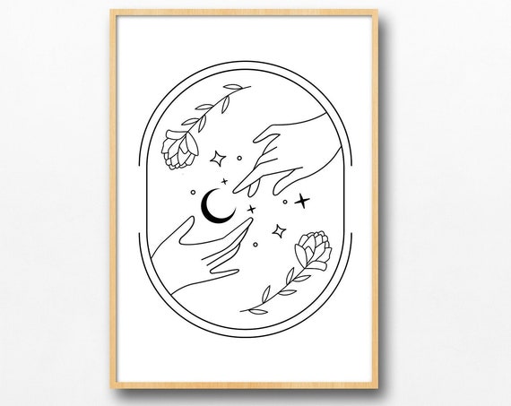 Celestial Mystic Hands Moon Stars Flowers Print Femme Boho Aesthetic Decor Witch Tarot Zodiac Magic Vintage Oval Minimalist Line Art