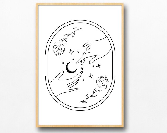 Minimalist Hands Reaching Moon Flowers Oval Frame Line Art Poster
