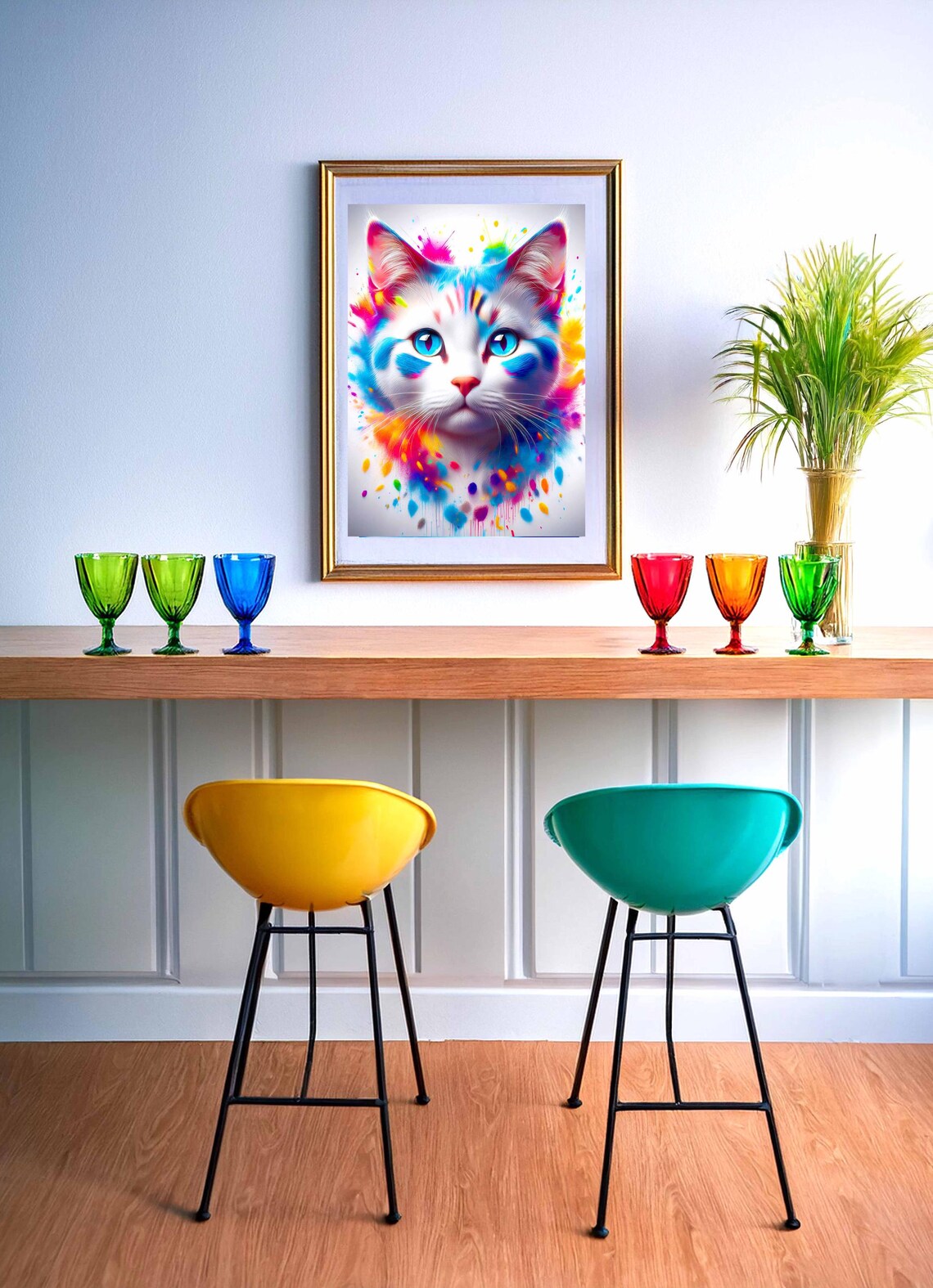 White Cat Face Close-Up With Colorful Paint Splashes Art Poster - Image 2