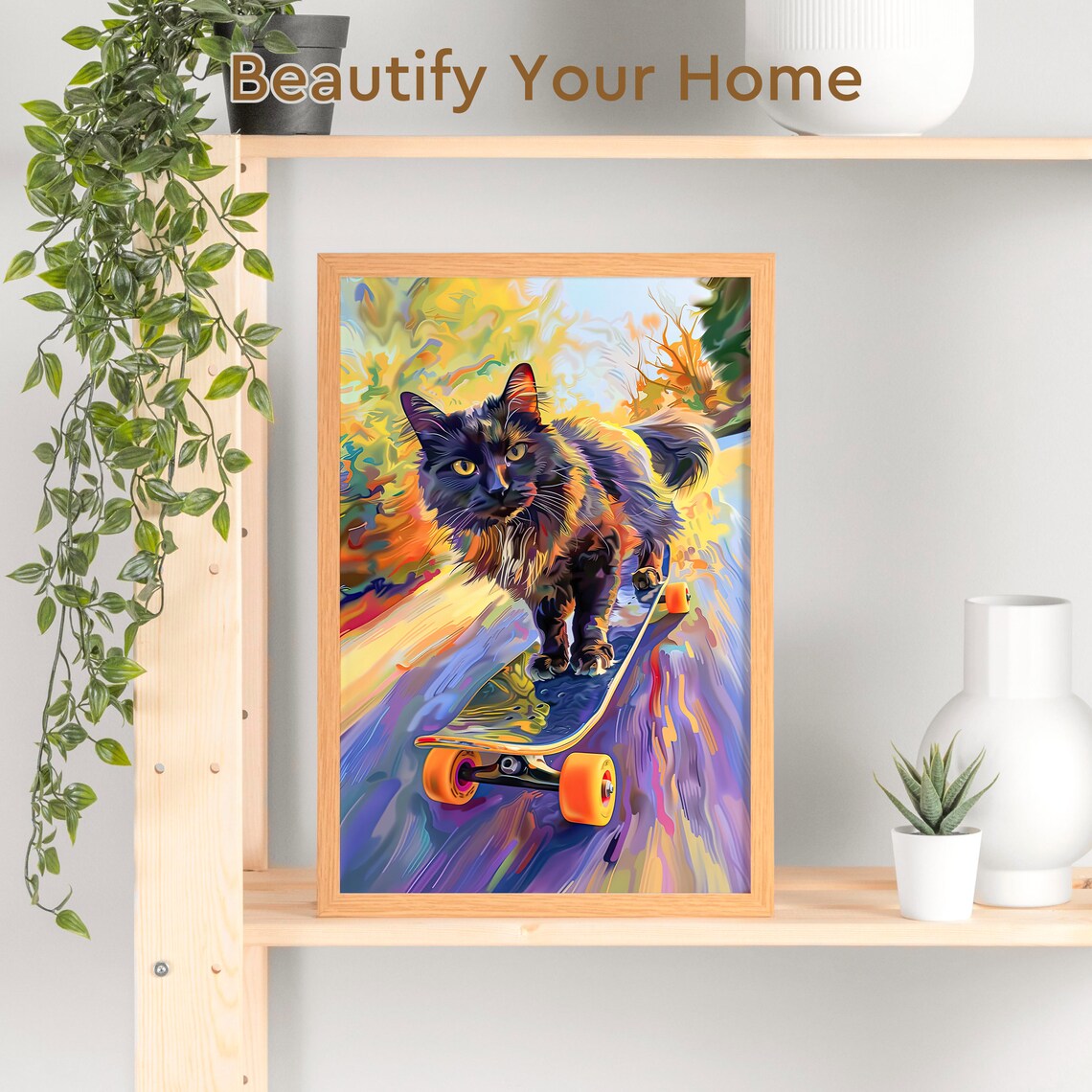 Playful Black Cat Riding a Skateboard in Bold Colorful Street Art Poster - Image 3