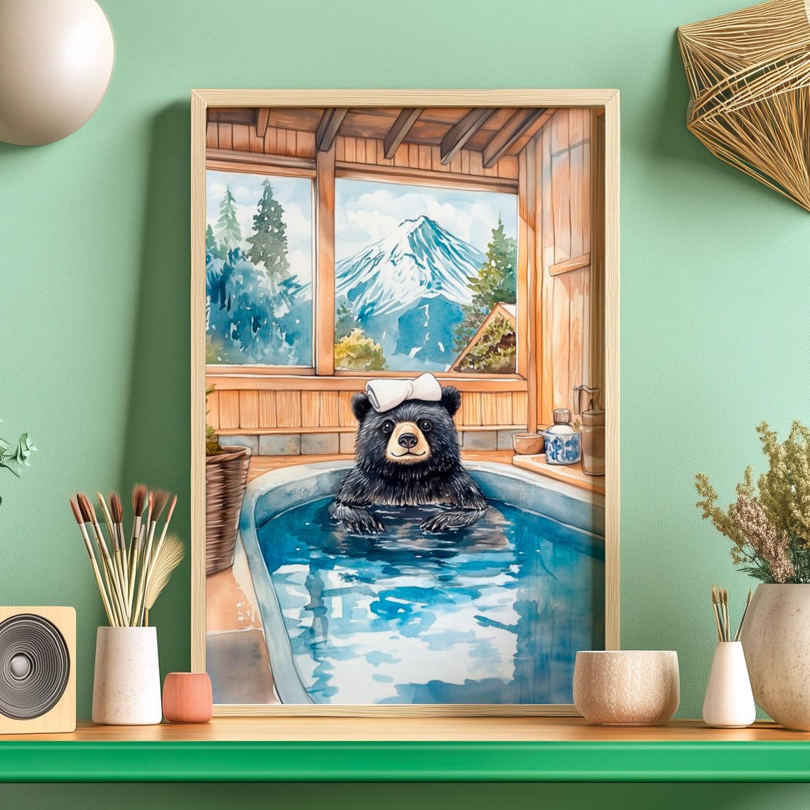 Black Bear Cub Soaking in a Japanese Onsen With Mt Fuji Poster