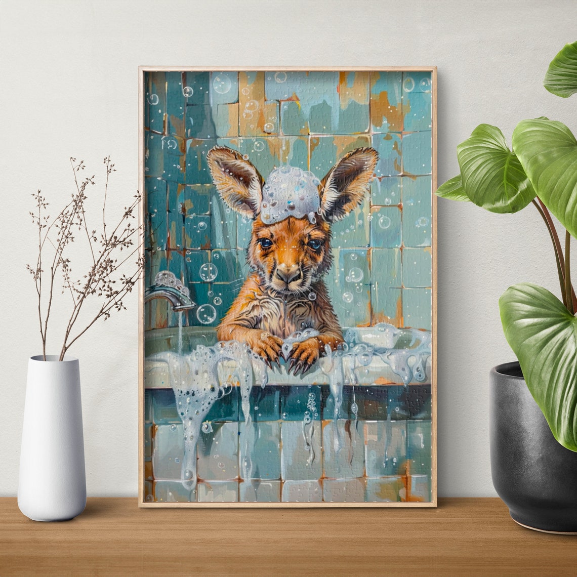 Baby Kangaroo Bubble Bath with Soap Suds on Head Cute Animal Poster